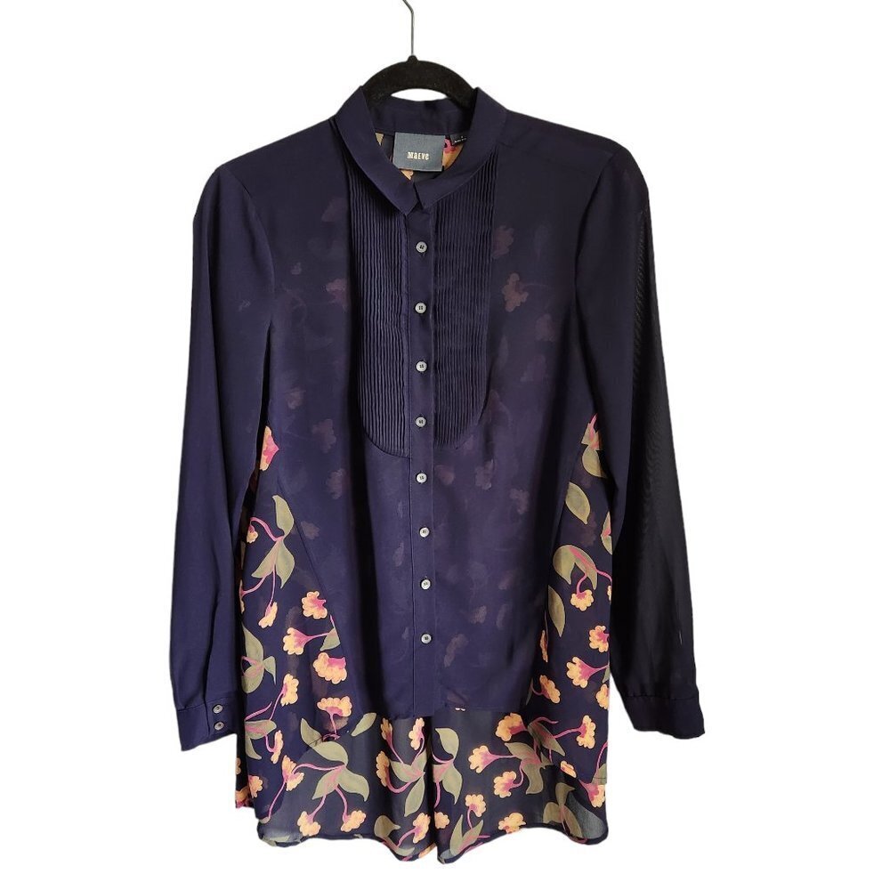 Maeve Shirt Women's 4 Blue Floral Sheer Button Front Blouse Anthropologie
